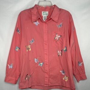 Quacker Factory Peach Pink Embroidered Sequins Butterfly Shirt Linen Cotton SzM‎
